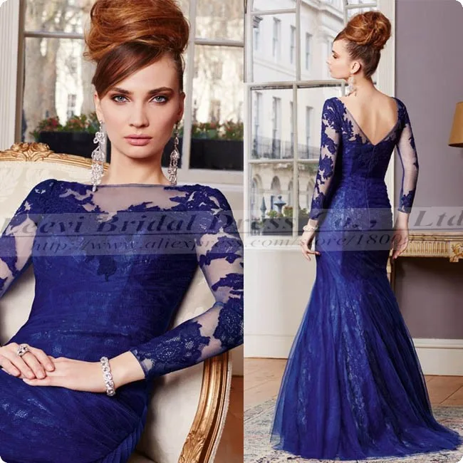 vestido de festa longo azul royal com renda