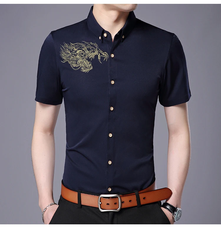 Новый летний Стиль Для мужчин футболки с коротким рукавом платье высокого качества модная повседневная печать тонкие короткие рубашка