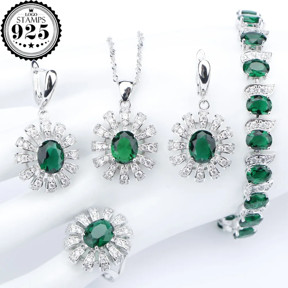 

Green Zirconia Bridal 925 Sterling Silver Jewelry Sets Earrings For Women Charms Bracelet Necklaces Pendant Rings Set Gift Box