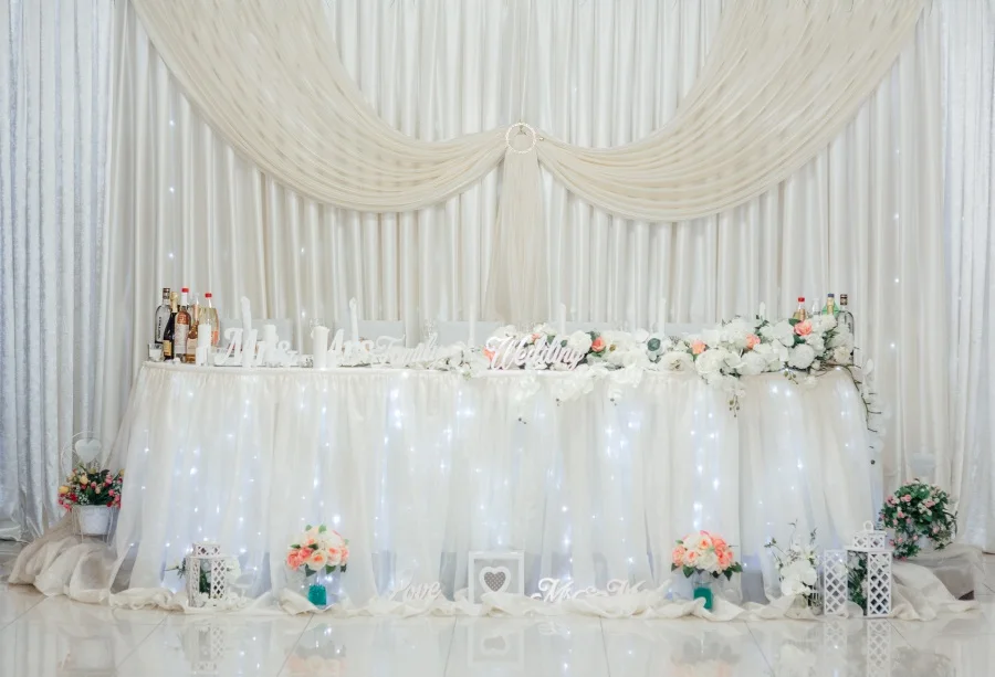 

Laeacco Long Table Curtain Wine Flower Ceremony Photography Backgrounds Customized Photographic Backdrops For Photo Studio