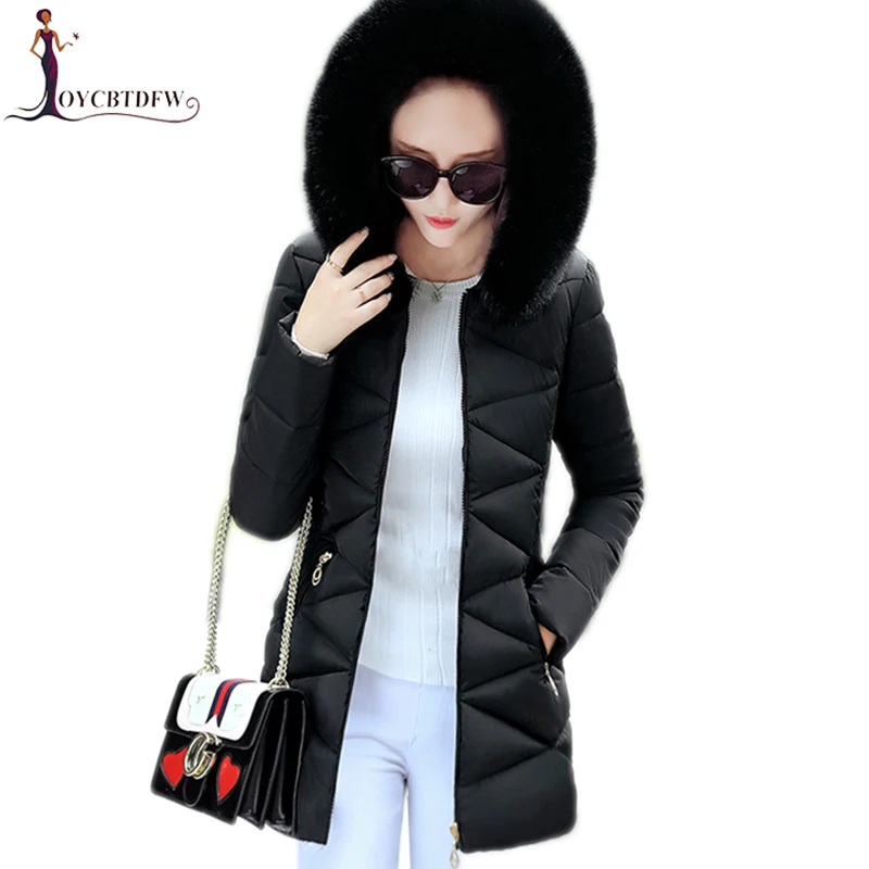 

Winter women cotton jacket 2017 fashion new solid color outerwear mid-long Fur collar overcoat hooded warm female Parkas wy022