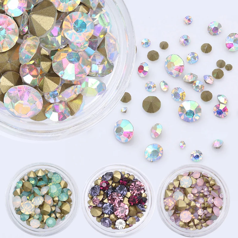 

3 Boxes AB Color Opal Nail Rhinestone Set Sharp Bottom Multi-size Crystal Manicure 3D Nail Art Decoration