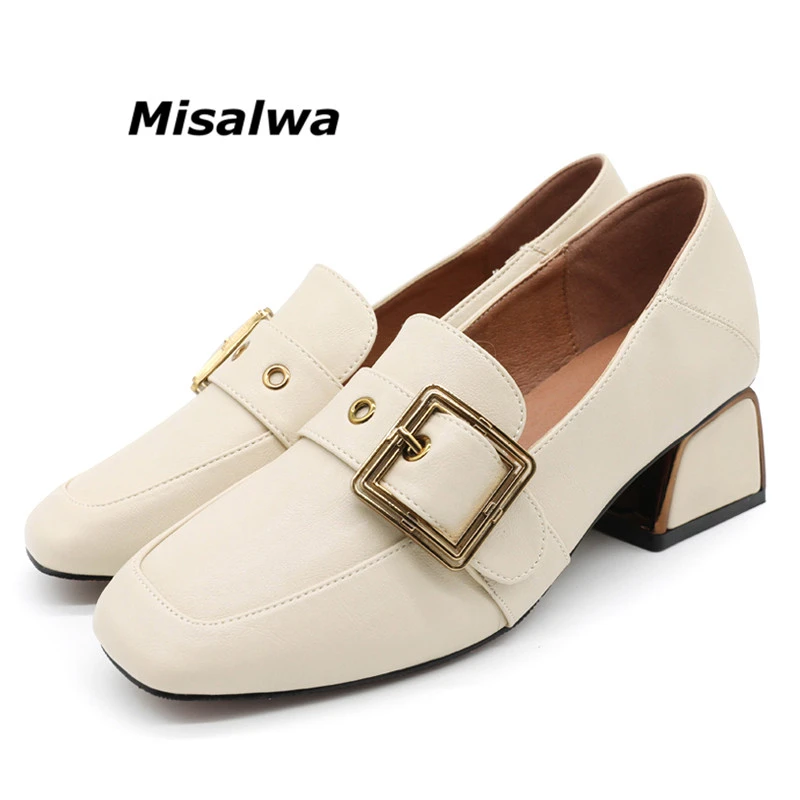 

Spring New British Women Pumps Square Middle Heel Black White Work Shoes Lady Female Sexy Slip-on Buckle Luxury Shoes