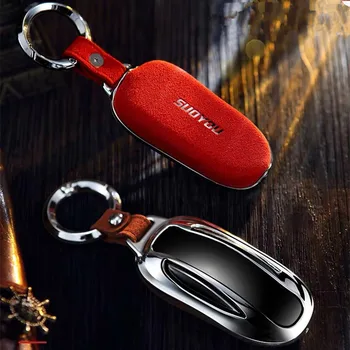 

Genuine Leather Galvanized Alloy Car Key Case Cover For Tesla Model X /S Car Keychain Accessories