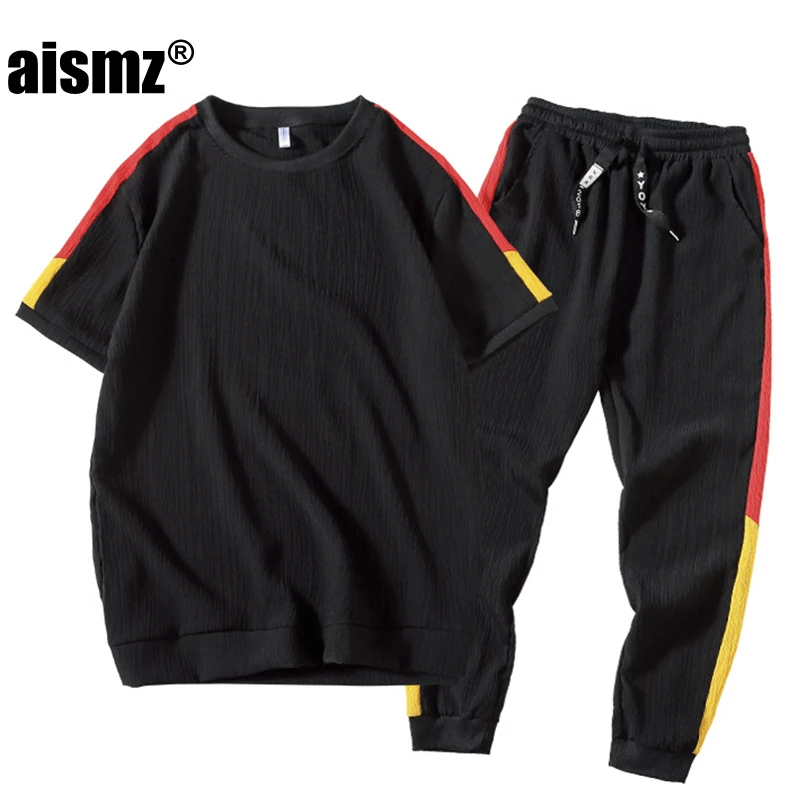 Костюм спортивный Aismz мужской из футболки и брюк дышащая льняная одежда в стиле