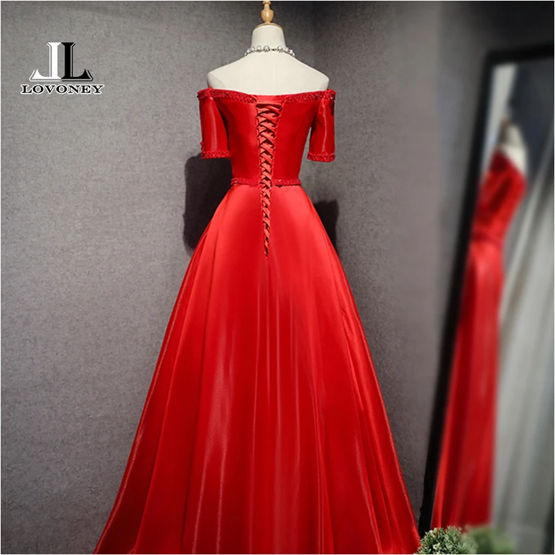 LOVONEY Elegant Beading Evening Dresses Long Boat Neck Short Sleeve Satin Formal Party Dress Evening Gown Robe De Soiree XYG703