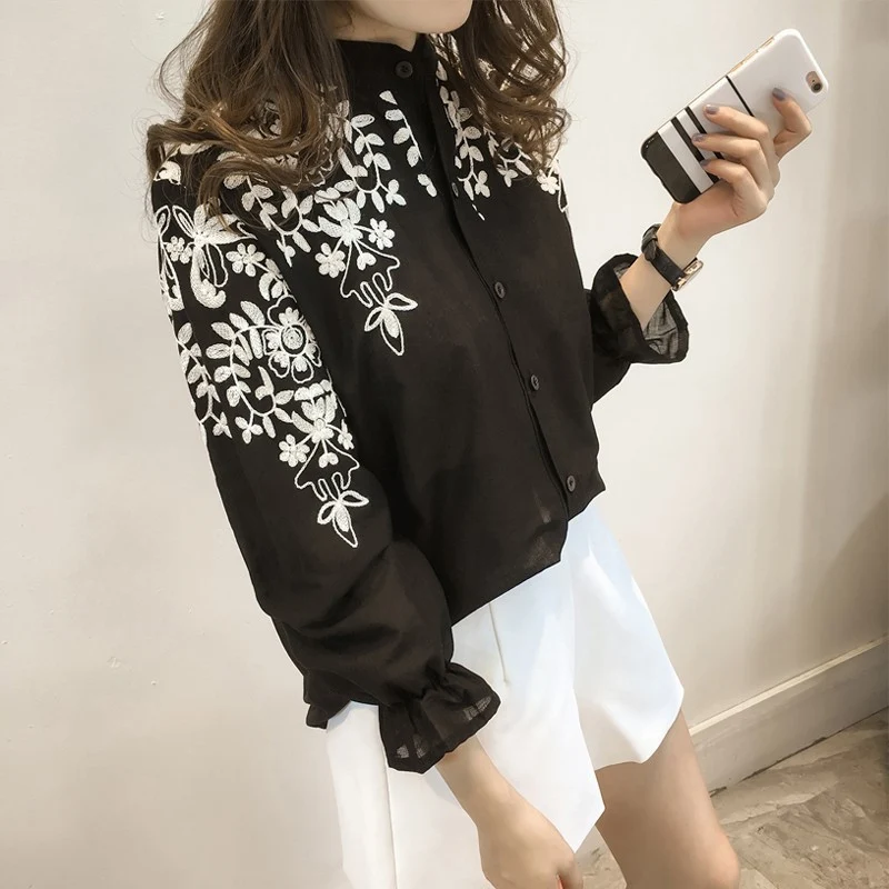 

Women Ladies Flower embroidery Blouses Fashion Ladies Chic V Neck elegant Long Sleeve Shirt Top Blouse blusas mujer de moda 2019
