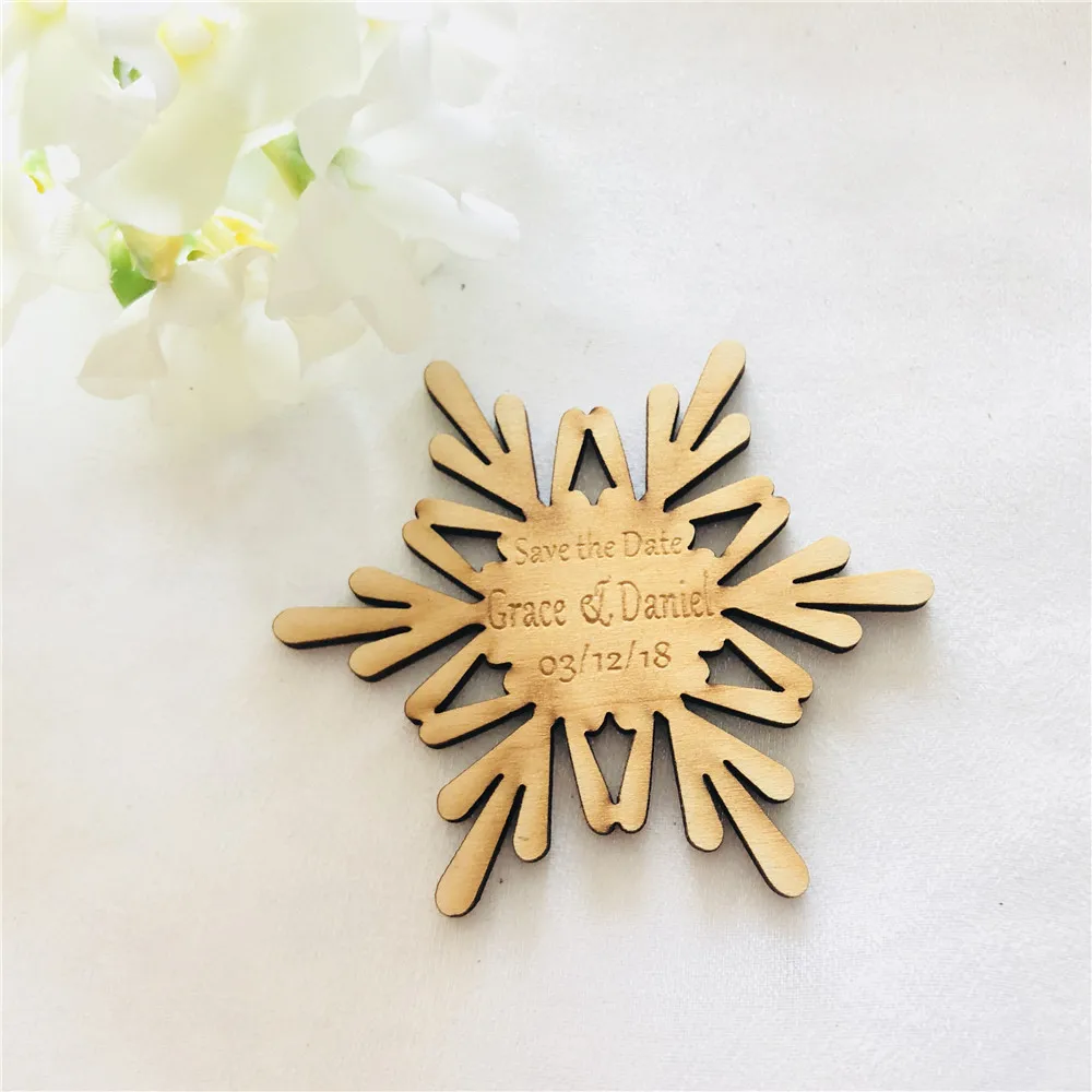  Wooden Save the Date Magnet Wedding Invitation Personalized Name Snowflake Shape Wood Save the Date - 32933694055