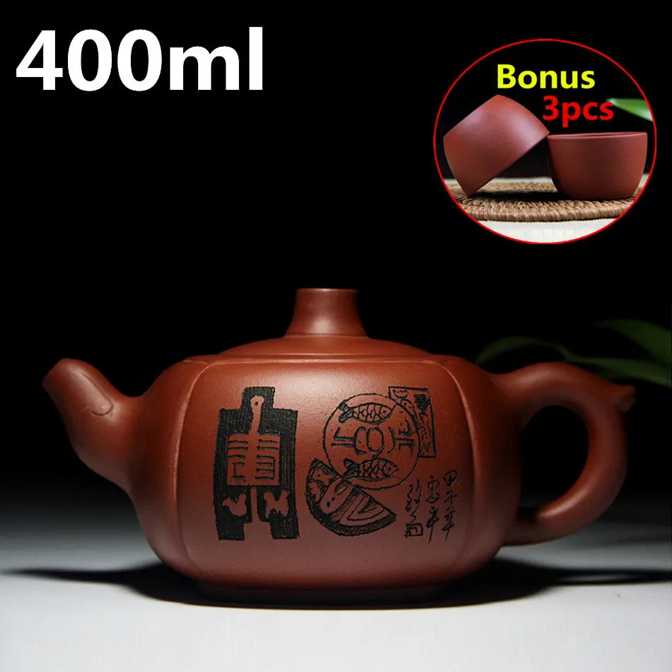 

Chinese Porcelain Teapots 400ml Famous Handmade Pots Ceramic Tea Set Yixing ZiSha Tea Pot Bonus 3 Tea Cups Free Shipping