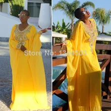 Vestidos Longos Kaftan Fashion Long Yellow Prom Dress V Neck Beaded Maxi Long Sleeve Islamic Clothing For Women Abaya In Dubai