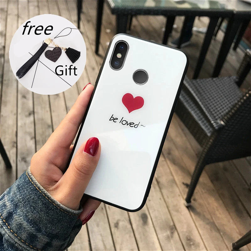 BONVAN For Xiaomi mi 8 SE Tempered Glass Case be loved Hard Back Cover 6 mi8 lite heart Tassel Lanyard phone | Мобильные телефоны и