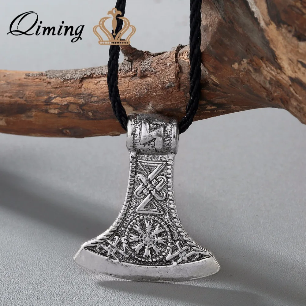 

QIMING Punk Style Men Slavic Perun axe Antique Silver Amulet Kolovrat Symbol Pagan Jewelry Amulets and Talismans Pendants