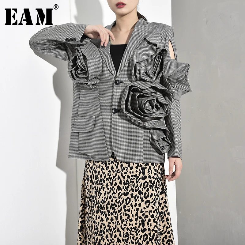 Best  [EAM] Loose Fit Plaid Three-dimensional Hollow Out Jacket New Lapel Long Sleeve Women Coat Fashion 