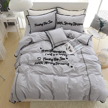 

Summer Embroider notes duvet cover flat sheet pillowcase 3pc/4pc/6pcs bedding set washed cotton twin full queen king four size