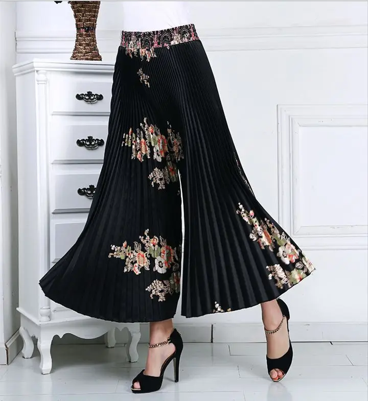 

Bohemia Style Summer Pleated Pants Wide Leg Pants Women Loose Casual Pants Female High Waist Pant Spring Trousers Split skirt