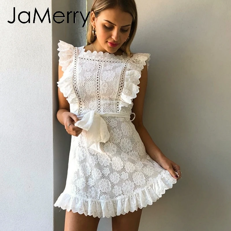 

JaMerry Boho embroidery white lace women mini dress Hollow out sashes ruffled holiday summer dress Casual sexy beach dress vesti