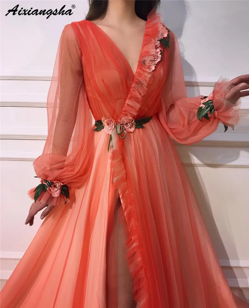 Новинка 2019, вечерние платья с объемным цветком, с разрезом по бокам, а-силуэт, с длинными рукавами, с v-образным вырезом, вечерние платья, Vestido