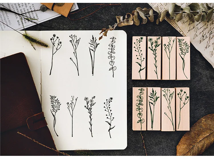 12 типов зеленая трава цветок деревянный штамп Скрапбукинг Хобби DIY планировщик украшение для ноутбука милый деревянный набор штампов