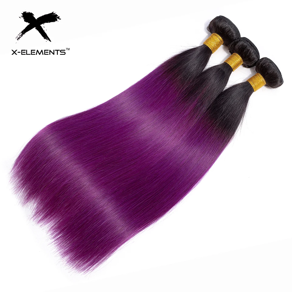 X-Elements Ombre Peruvian Straight Hair Bundles With Closure 3 Pcs with Closure T1B Purple Ombre Human Hair Weave With Closure  (2)