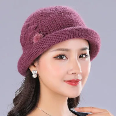 Ymsaid комплект из 2 предметов, новая зимняя шапка с кроличьим мехом и шарф для женщин, толстые шапки, женские зимние повседневные однотонные вязаные шапки - Цвет: Leather purple hat
