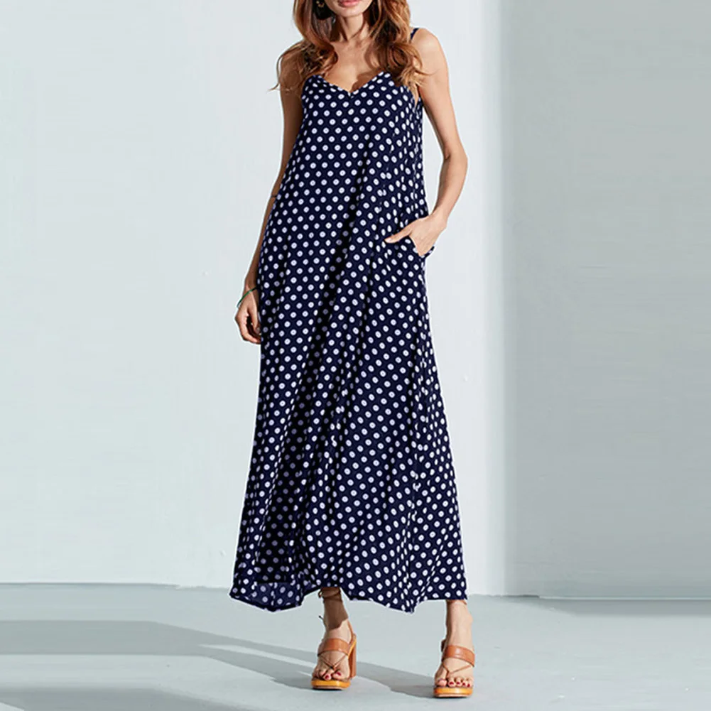 

5XL Plus Size Women Maxi Dress Korean Fashion Polka Dot Dress V Neck Sleeveless Loose Vintage Long Gowns Beach Boho Robe female