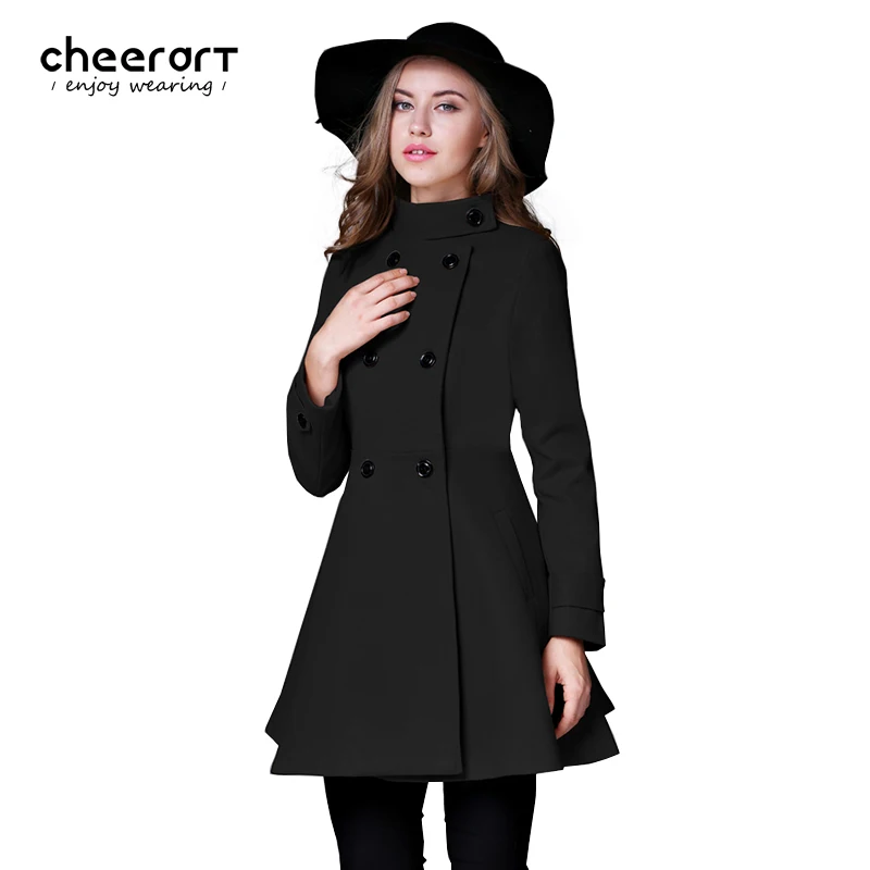 

Cheerart 2017 Winter Double Breasted Wool Coat Women Turtleneck Long Tweed Slim Khaki/Black/Red/Blue Female Overcoat