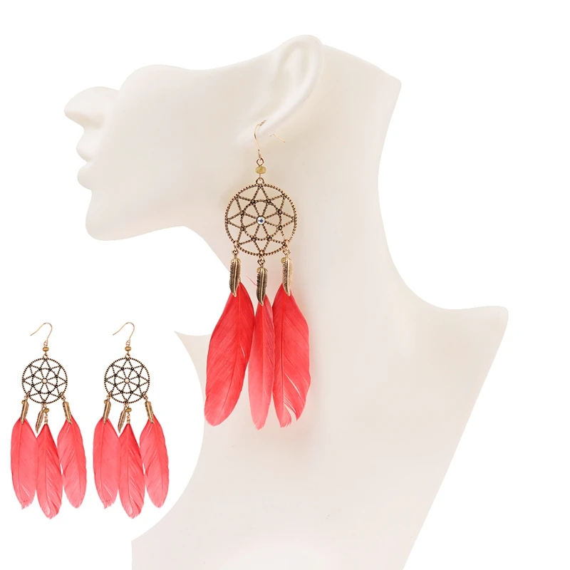 Boucles d'Oreilles Attrape Rêves Nature Rouge bijoux femme tenue unique style chic et bohème turquoise belle or massif style indien amérindienne capteurs de rêves