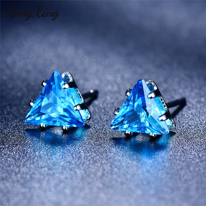 

RongXing Small Triangle Blue/Green/Red/White Zircon Stud Earrings for Women Charm 925 Sterling Silver Filled Birthstone Earrings