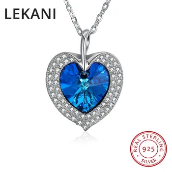 

LEKANI Crystals From SWAROVSKI Blue Heart Pendant Necklaces Real S925 Silver Fine Jewelry For Mother Lovers Wedding Gift 2018