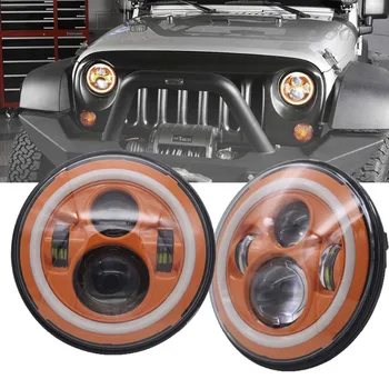 

TNOOG 7" LED Halo Ring Angel Eyes Headlight For jeep Round Orange Projector Light Wrangler Replacement Headlight