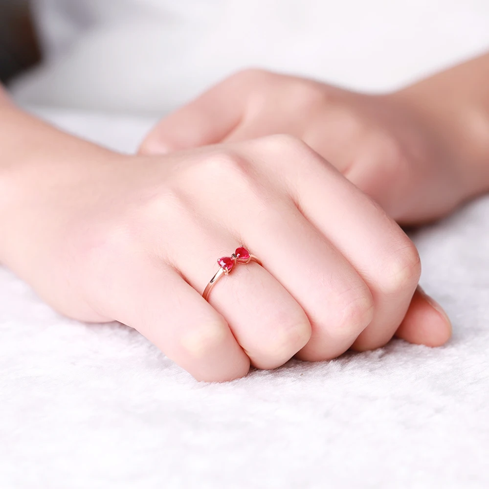 GVBORI 18 K розовое золото натуральное два сердца кольцо c Рубином для женщин дочки свадебное кольцо ювелирные украшения кольцо-бантик на День святого Валентина