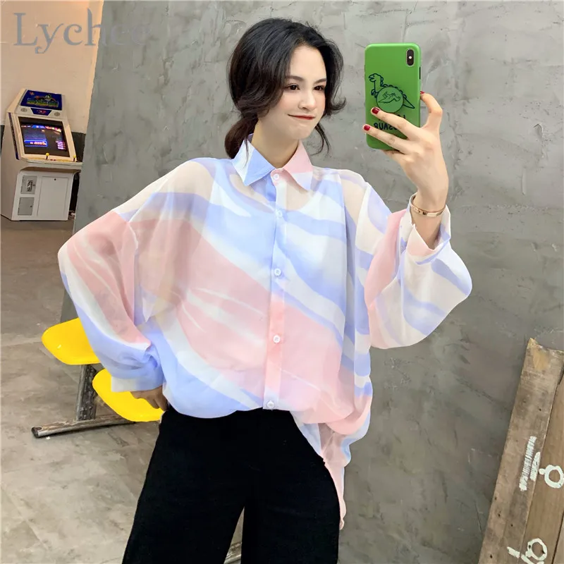

Lychee Harajuku Gradient Transparent Female Blouse Shirt Long Sleeve Color Turn-down Collar Block Summer Spring Women Blouse