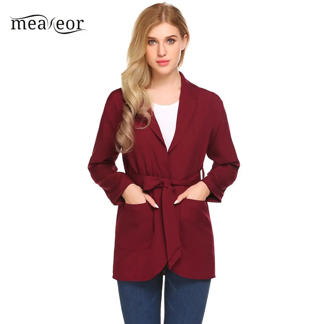 

Meaneor Shawl Collar Women Blazers Single Breasted Loose Women Overcoat Fit Casual Autumn Blazer with Belt Pocket Autumn Coats