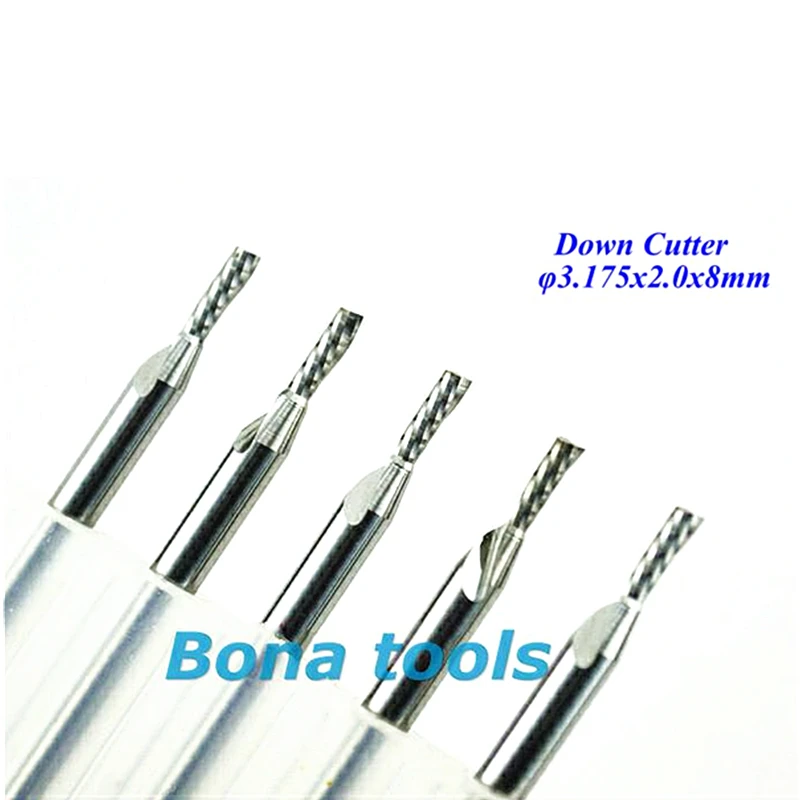 

3.175x2.0x8MM -Smooth Single Flute Down Cut Carbide Endmills, Bits for Acrylic Plastics Woodworking, NEW Left-Hand Spiral Cutter