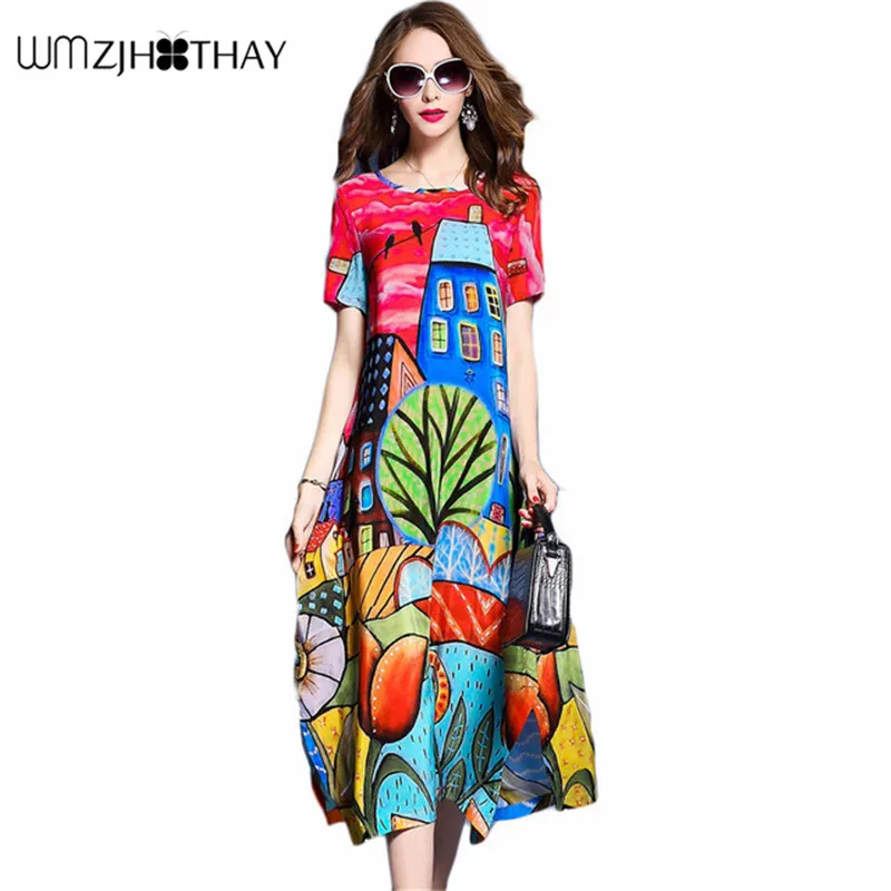 

Elegant Imitate Real Silk Dresses 2019 New Summer Vintage A-line Print Dress Loose O-Neck Short Sleevele Fashion Dresses JXT025
