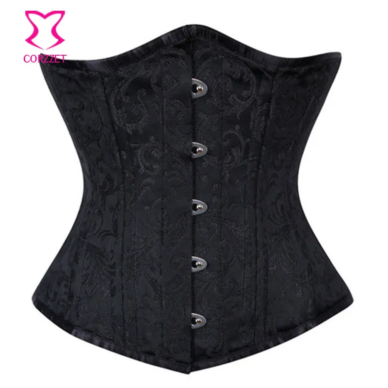 Black Brocade Corselet Underbust Corset Waist Cincher Trainer 24 Steel