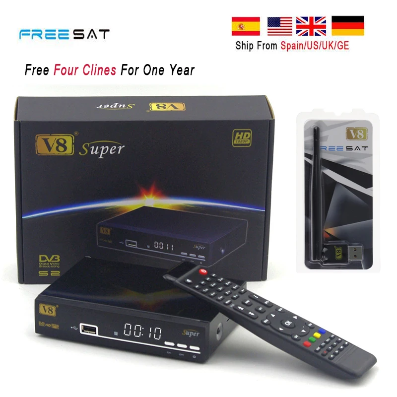 2pcs 1 Year Europe Cccam Server Four clines Freesat V8 super HD DVB S2 Satellite Receiver