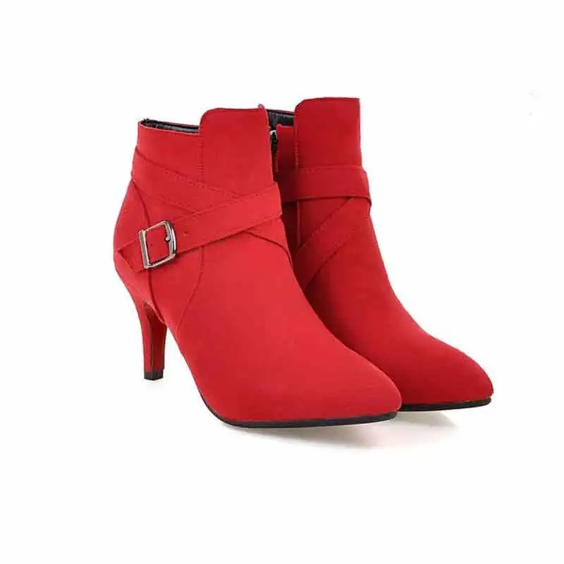 

Large size 35- 43 New 2016 Autumn Winter Short Ankle Boots Fashion Buckle Pointed Toe High Heels Boots Women Botas Shoes O1732