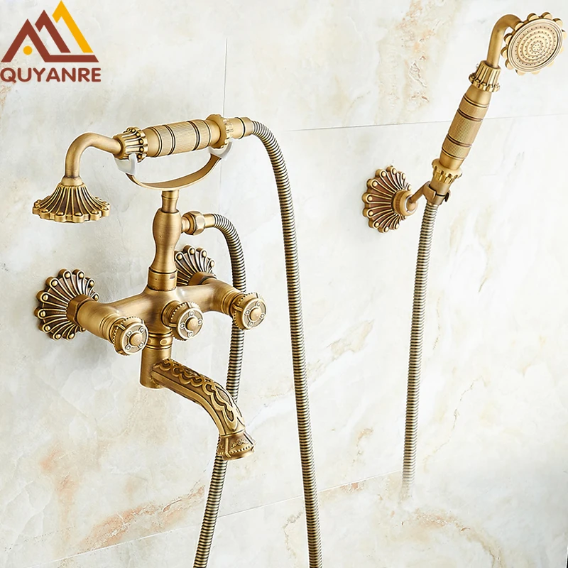 Quyanre Euro Carved Antique Brass Shower Faucets Wall Mount Brass 3 Handles Mixer Tap Dual Holes