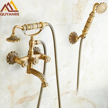 

Quyanre Euro Carved Antique Brass Shower Faucets Wall Mount Brass 3 Handles Mixer Tap Dual Holes Bathtub Shower Faucet