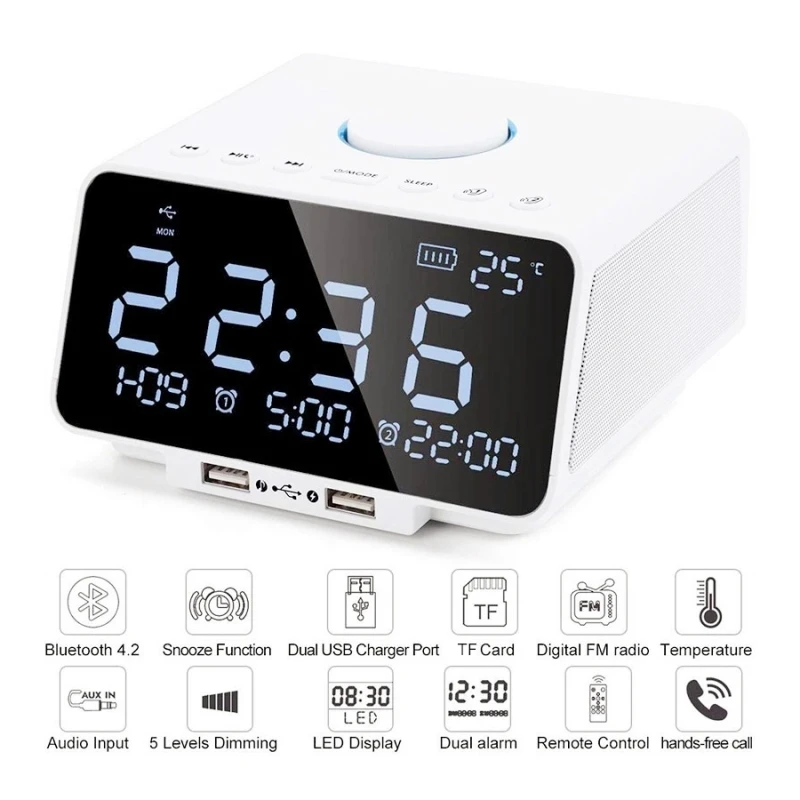 

Wireless Bluetooth Speaker Built-in 4400mAh Subwoofer Support AUX TF FM Radio Handsfree Alarm Clock with 5.5" LED Screen