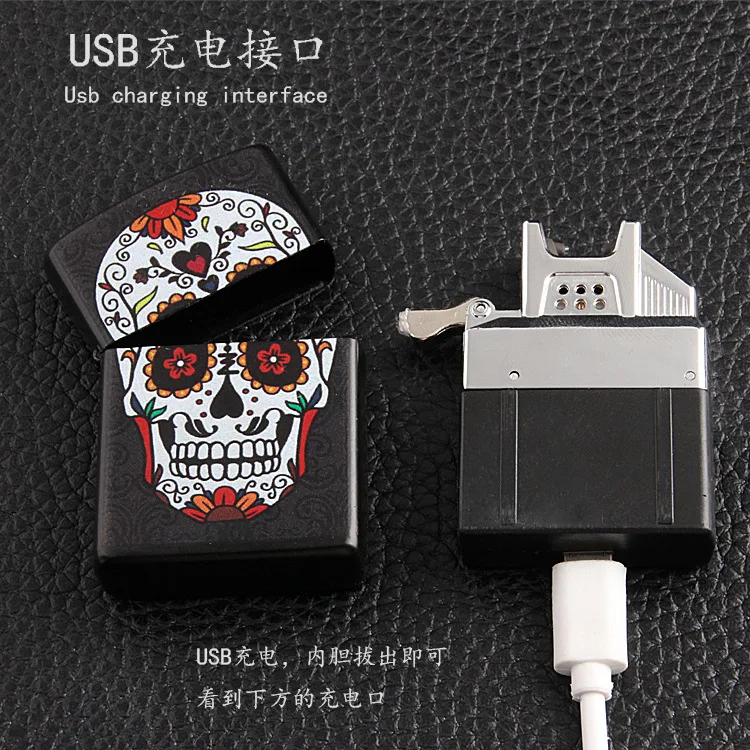 Высокое качество самая дешевая дуговая Зажигалка Ветрозащитная USB Электронная Зажигалка Череп дешевая перезаряжаемая Зажигалка беспламенная подарочная коробка