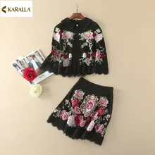 2017 new women autumn runeway fashion solid print floral embroidery lace full sleeve coat+mini skirt two pcs cute outfit D1192
