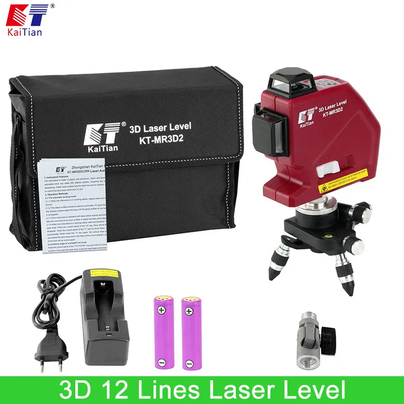 

Kaitian Self Leveling 3D Laser Level 360 Rotary 635nm 12 Lines Vertical Horizontal Lasers with Battery Slash Function Outdoor