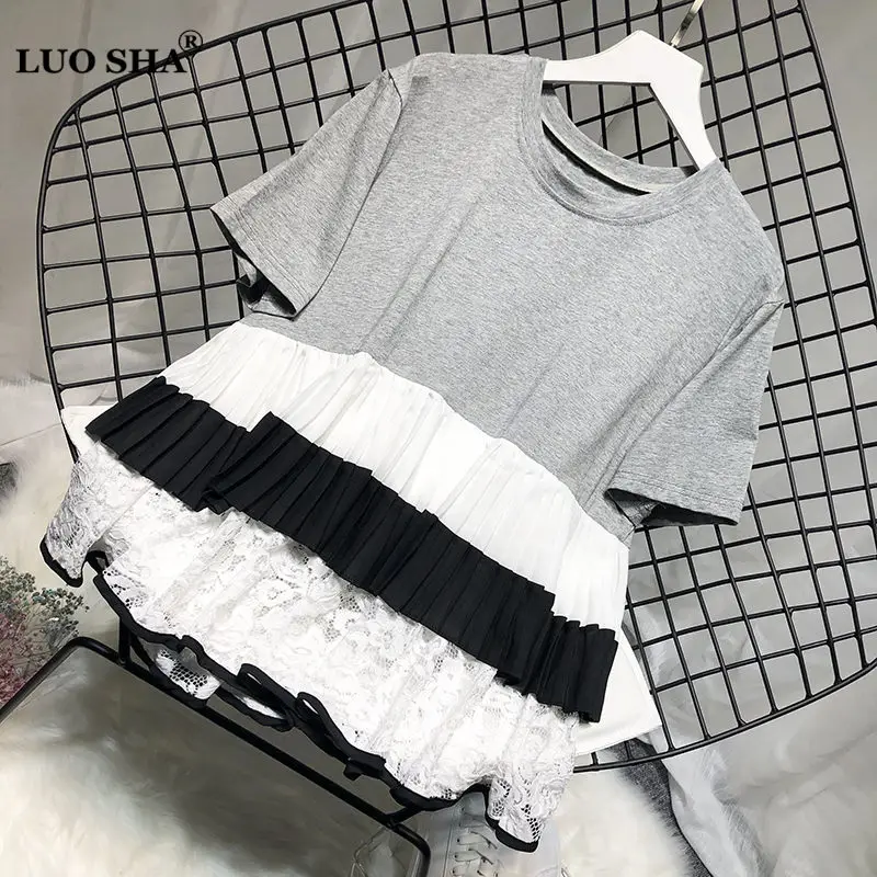 

LUOSHA Women 2019 Summer Stylish Cotton Lace Patchwork Pleated A Line Loose Tshirt Female Sweet Lace T-shirts And Tops