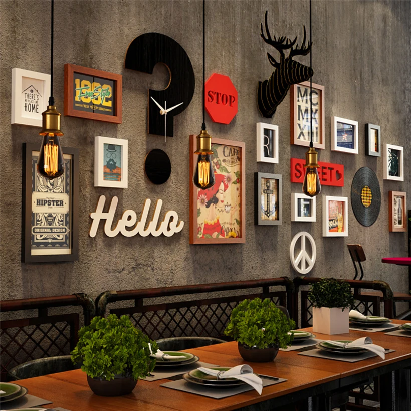 

SUFEILE Photo Frame Solid Wood Industrial Wind Picture Frame Wall Bar Barbecue Shop Deer Head Clock Combination Frame Wall D40