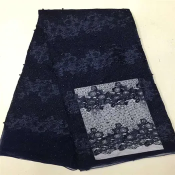 

New Navy Blue African Lace Fabric Beaded French Tulle Nigerian Wedding Lace Mesh Lace Textiles 5 Yards for dresses On Sale