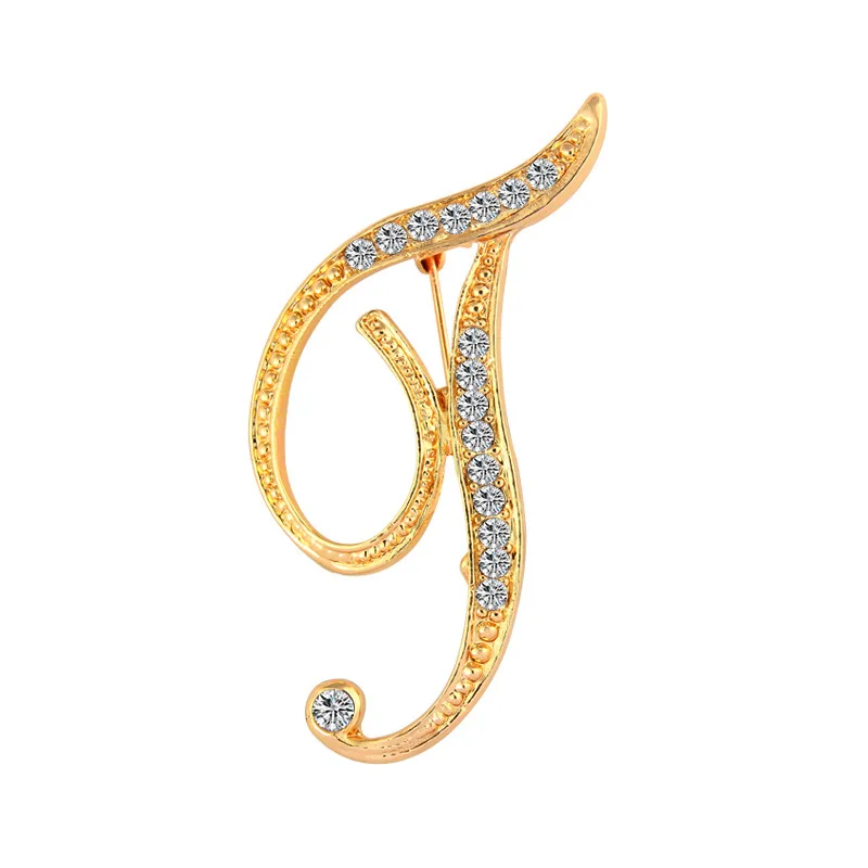 

SHUANGR New Rhinestone Golden Initial Letter Brooches Gold Color Lapel Pins Name Jewelry Women Men Suit Crystal Brooches Gift