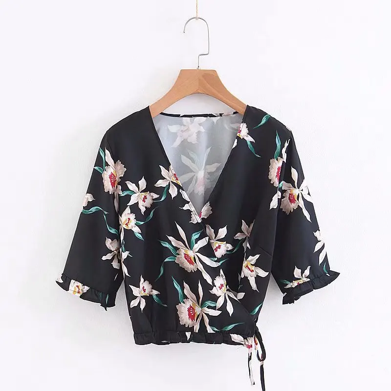 Для женщин мода цветочный принт High Street черный короткая блузка летняя