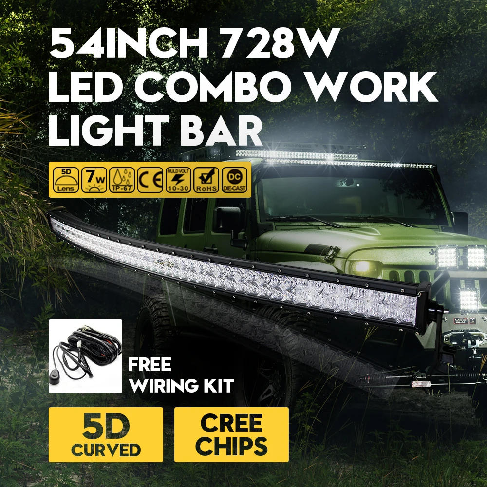 

Cree Chips 728W 5D LED Work Light Bar 54"Inch Curved Strip-type External Lights Combo Truck ATV Lamps Off-road Driving Lamp SUV